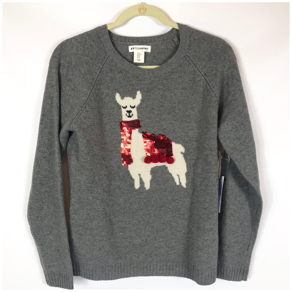 NWT 100% Wool Gray Sequin Llama Xmas L/S Sweater - Picture 2 of 8